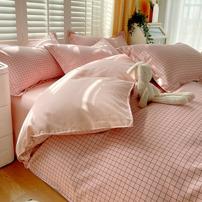 Minimalist Pure Water-Washed Cotton Bedding Set Flannel Grid Good Quality Fitted Sheet Version Student Dormitory Three-Piece Set