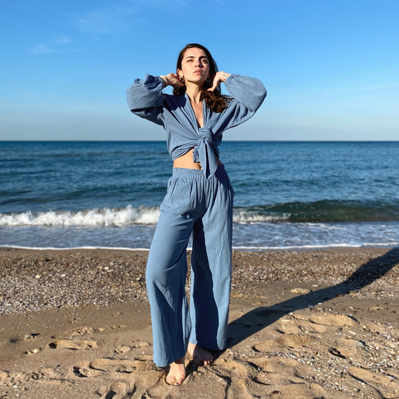 Double Layered Gauze Pure Cotton Bathrobe Simple Leisure Short Length Robe Comfortable Open Front Cardigan