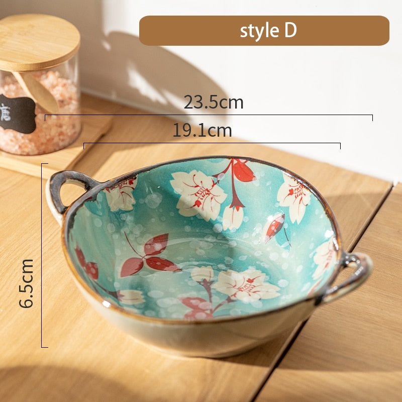 7.5inch Japanese Household Noodle Bowl Ceramic Soup Bowl With Handle Salad Pasta Bowl Kitchen Tableware Microwave Oven Bakware