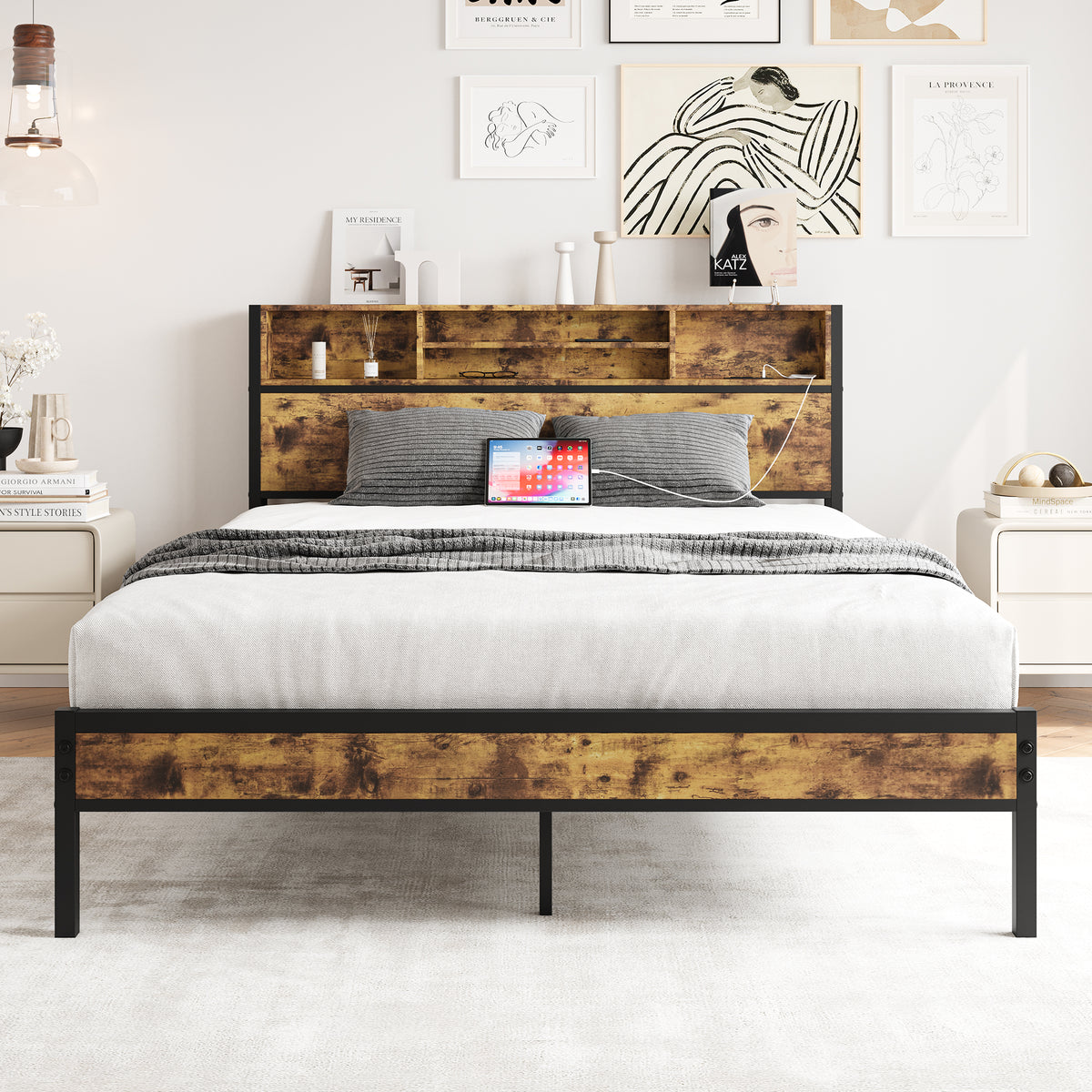Queen Bed Frame with Storage & Charging