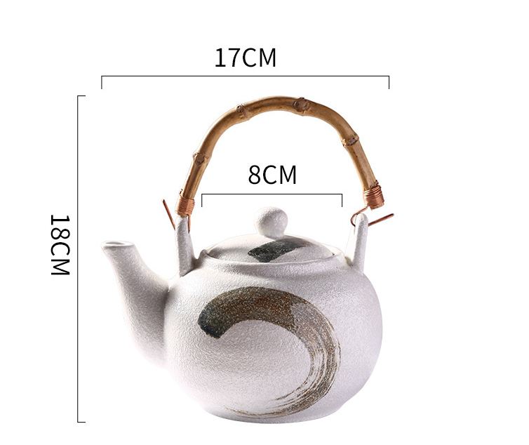 Ceramic Tea Kettle with Bamboo Handle, Hand-Painted, Commercial Use, Large Capacity, Teapot with Lifting Spout, Tabletop Design