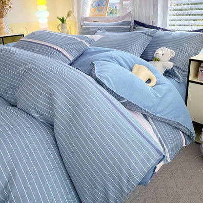 Minimalist Pure Water-Washed Cotton Bedding Set Flannel Grid Good Quality Fitted Sheet Version Student Dormitory Three-Piece Set