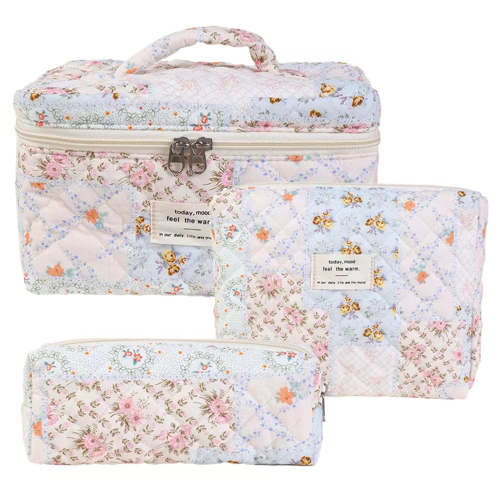 Storage Organizer Floral Quilted Makeup Bags Cotton Padded Cosmetic Bag Large Travel Toiletry Bag Women Zipper Wash Bag