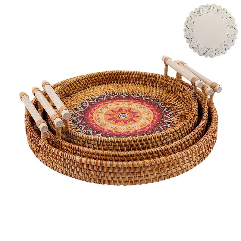 Vietnamese rattan tray rattan storage basket double ear bread fruit snack picnic tray desktop decoration