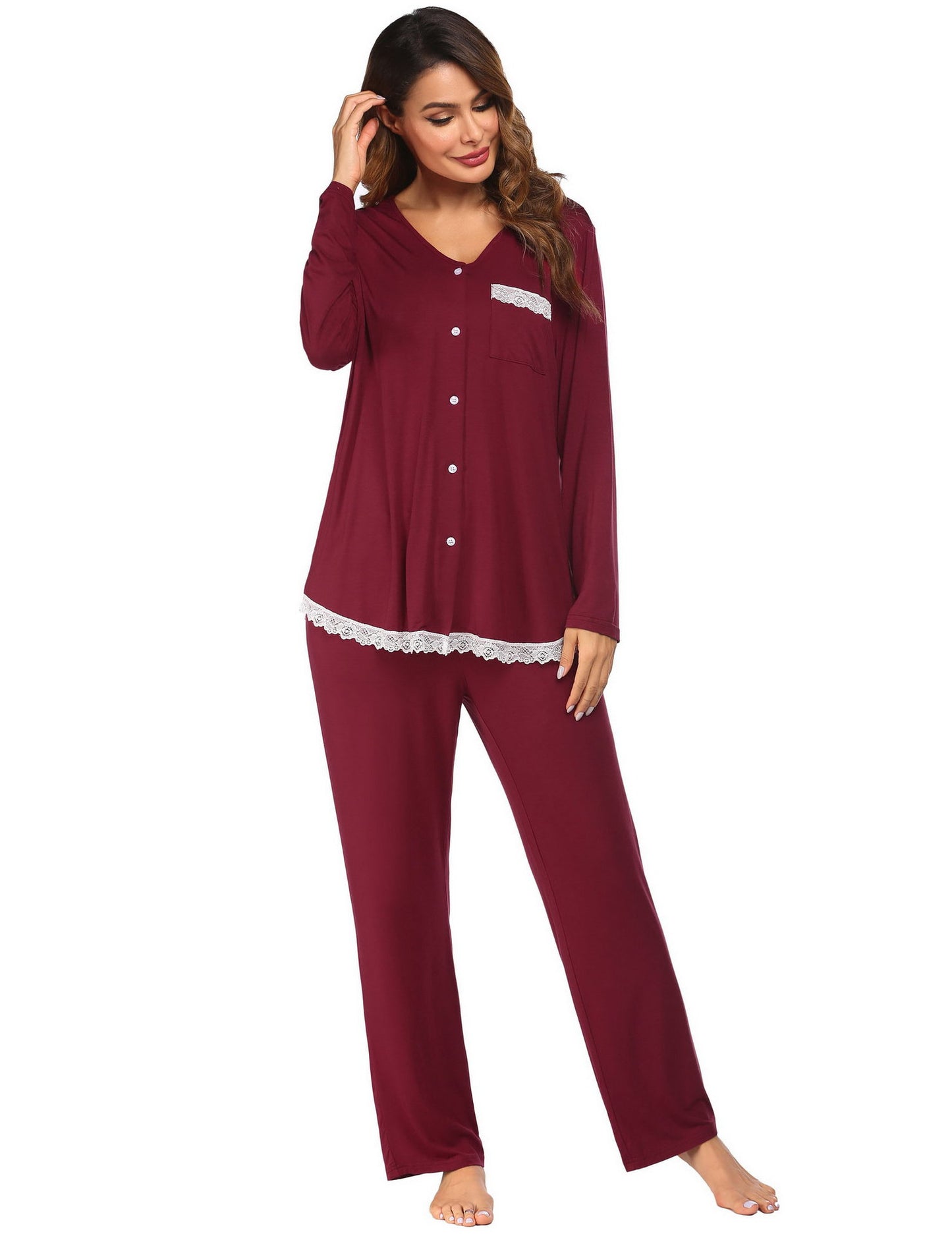 Women's Set Long Sleeve Long Pants Home Sleepwear Lace Splicing Homewear Pajama Set