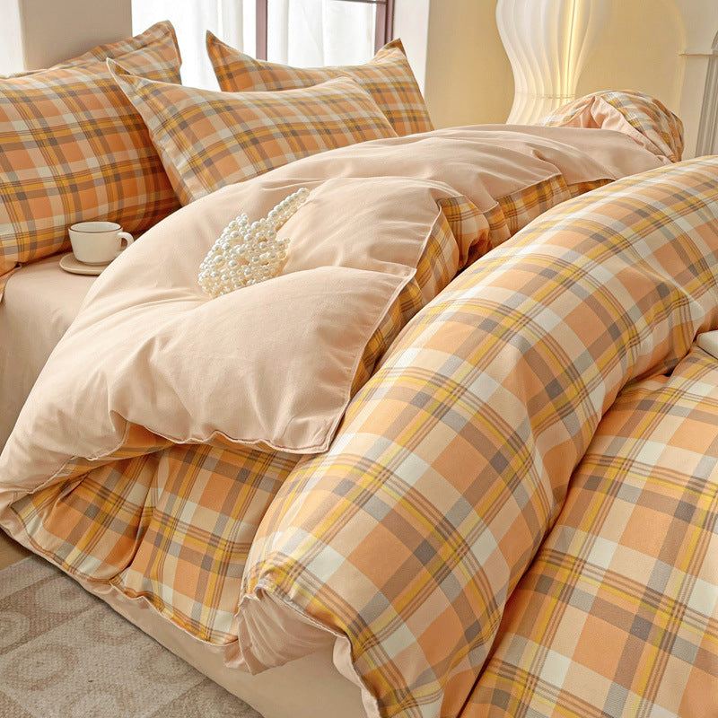 Minimalist Pure Water-Washed Cotton Bedding Set Flannel Grid Good Quality Fitted Sheet Version Student Dormitory Three-Piece Set