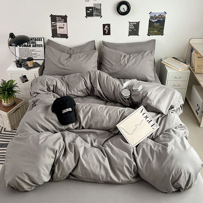 Washed Cotton Solid Color Double Spliced Four-Piece Bedding Set - Sheet, Quilt Cover, Pillowcases for Employee and Dormitory Use
