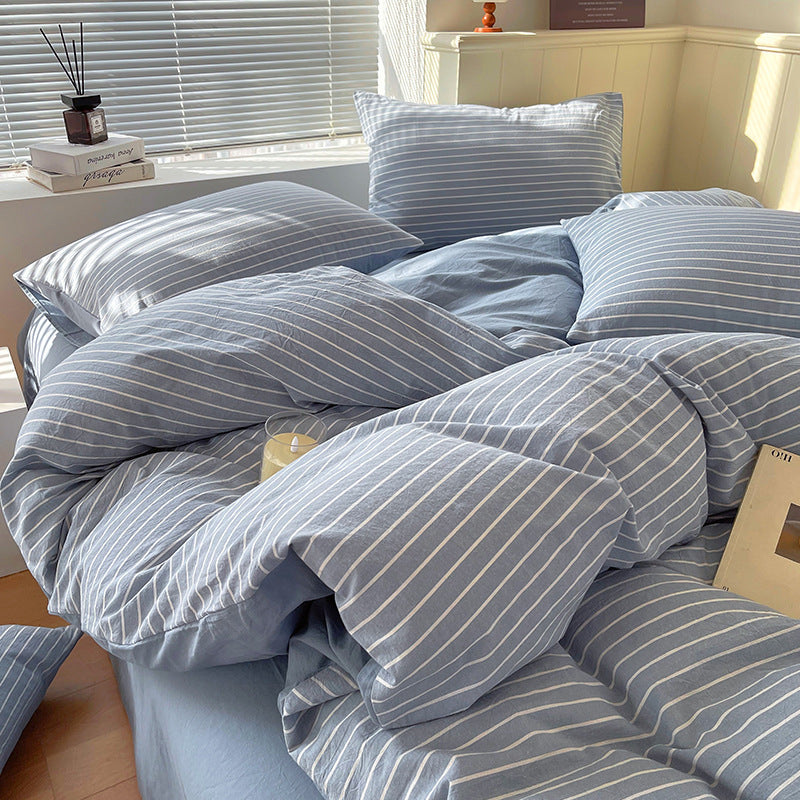 Cotton Dyed Washed Cotton Bedding Set Pure Cotton A Class Flat Sheet Quilt Cover Fitted Sheet Quilt Cover Three-Piece Set Striped