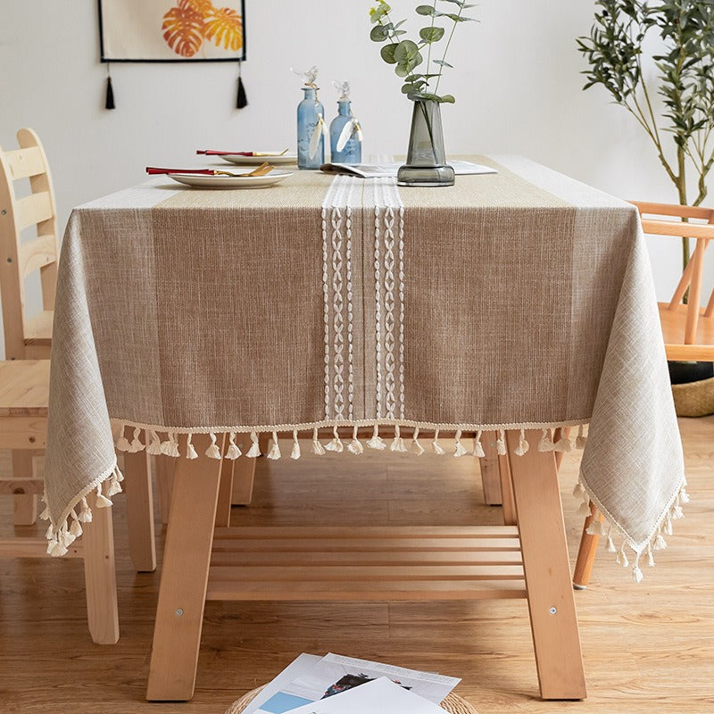 Nordic Christmas Table Cloth Hollow Tassel Table Cloth Solid Color Long Stripe Jacquard Table Cloth Tea Table Mat Cotton Linen