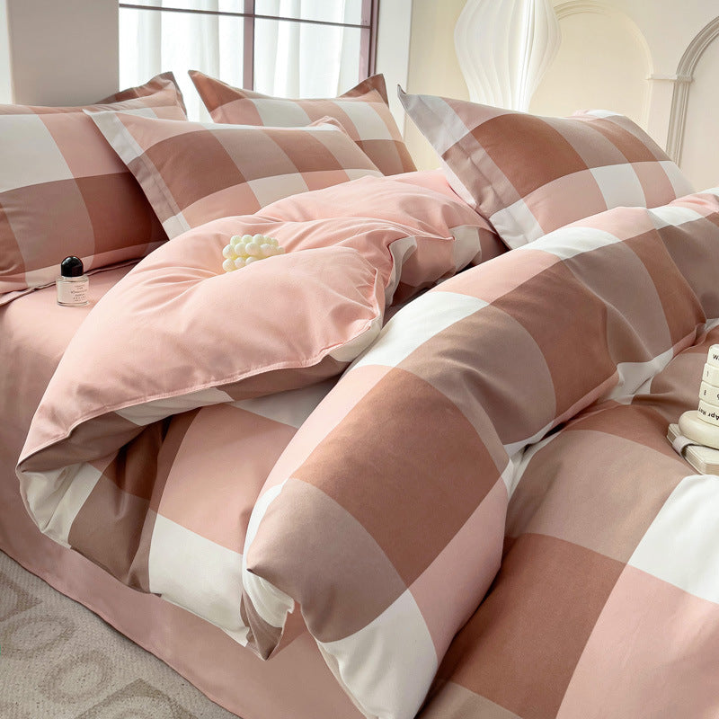 Minimalist Pure Water-Washed Cotton Bedding Set Flannel Grid Good Quality Fitted Sheet Version Student Dormitory Three-Piece Set