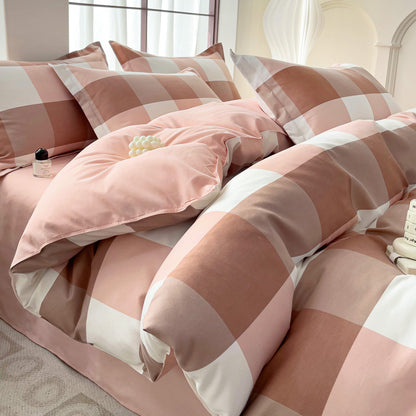 Minimalist Pure Water-Washed Cotton Bedding Set Flannel Grid Good Quality Fitted Sheet Version Student Dormitory Three-Piece Set