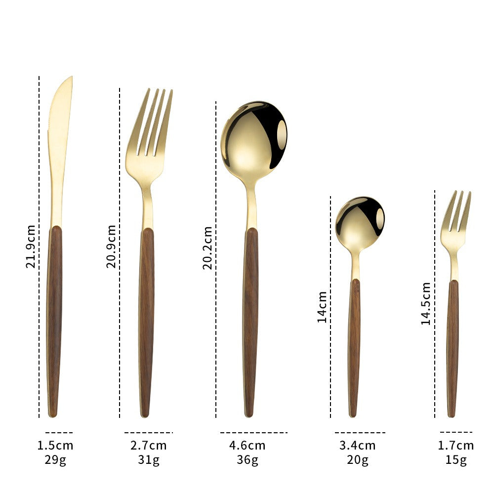 Stainless Steel Imitation Wooden Handle Knife, Fork, Spoon, Clamp Handle, Spoon, Portuguese Vintage Wood Grain Tableware Set