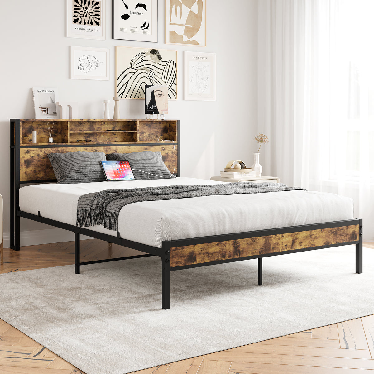Queen Bed Frame with Storage & Charging