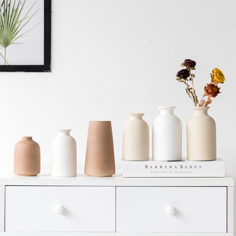 Simple Retro Frosted Ceramic Vase, Coarse Ceramic Round Bottle, Creative Home Decoration, Nordic Pastoral Style Handicrafts