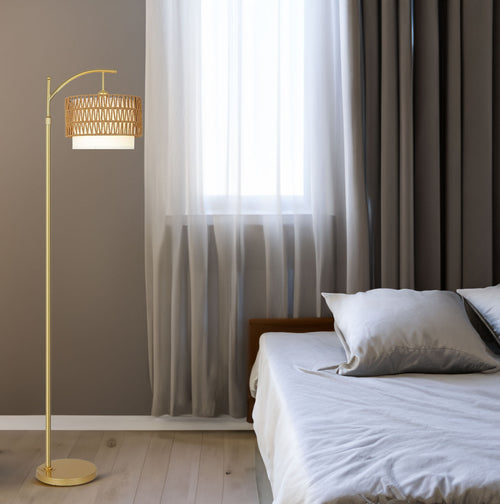Gold Arc Floor Lamp with Rattan Shade