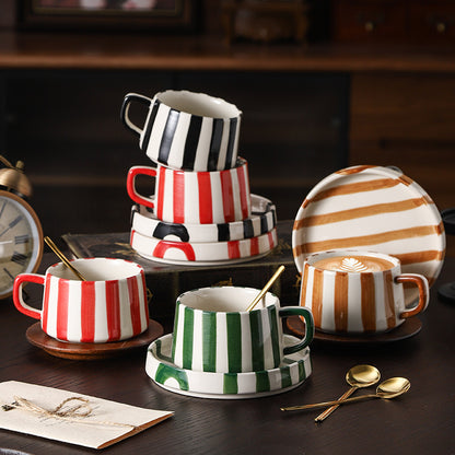 Simple Hand-Drawn Stripe Ceramic Mug, Creative Multi-Color Gift Cup, Coffee Cup with Saucer