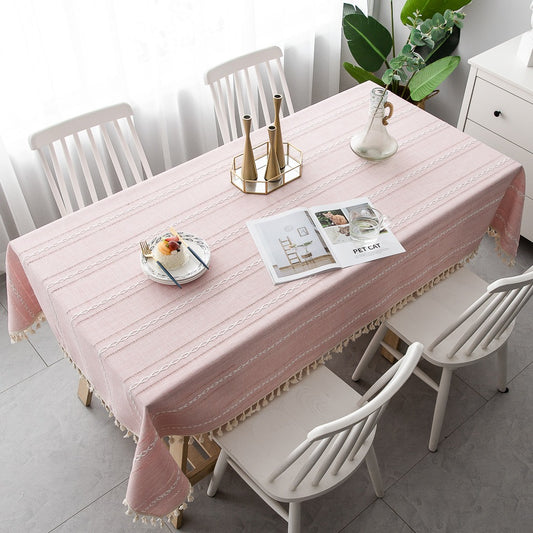 Nordic Christmas Table Cloth Hollow Tassel Table Cloth Solid Color Long Stripe Jacquard Table Cloth Tea Table Mat Cotton Linen