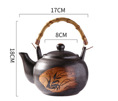 Ceramic Tea Kettle with Bamboo Handle, Hand-Painted, Commercial Use, Large Capacity, Teapot with Lifting Spout, Tabletop Design
