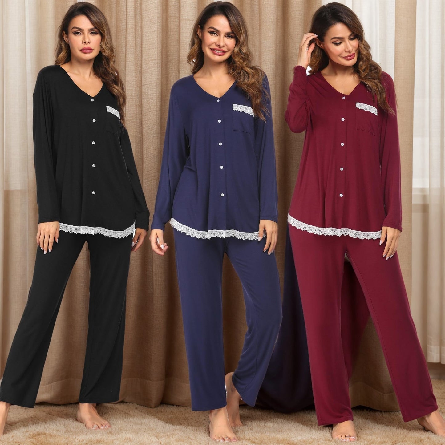 Women's Set Long Sleeve Long Pants Home Sleepwear Lace Splicing Homewear Pajama Set