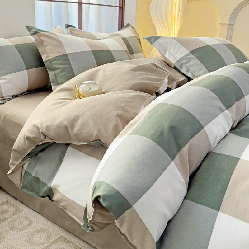 Minimalist Pure Water-Washed Cotton Bedding Set Flannel Grid Good Quality Fitted Sheet Version Student Dormitory Three-Piece Set