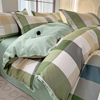Minimalist Pure Water-Washed Cotton Bedding Set Flannel Grid Good Quality Fitted Sheet Version Student Dormitory Three-Piece Set