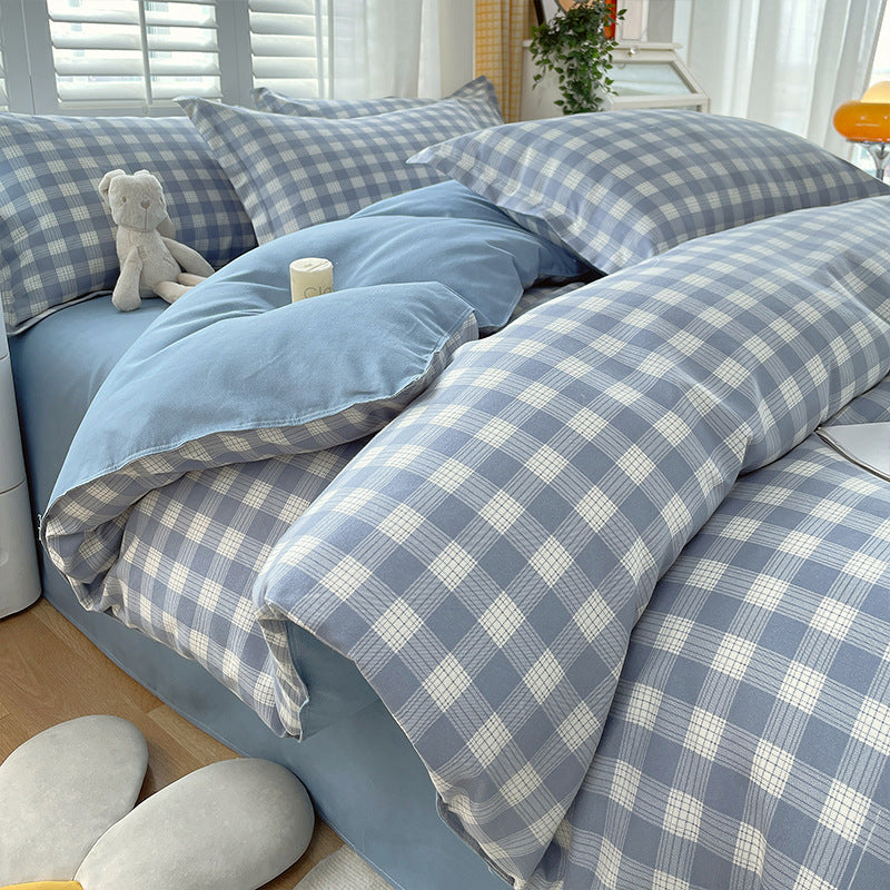 Minimalist Pure Water-Washed Cotton Bedding Set Flannel Grid Good Quality Fitted Sheet Version Student Dormitory Three-Piece Set