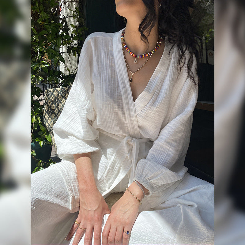 Double Layered Gauze Pure Cotton Bathrobe Simple Leisure Short Length Robe Comfortable Open Front Cardigan