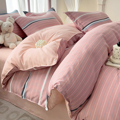 Minimalist Pure Water-Washed Cotton Bedding Set Flannel Grid Good Quality Fitted Sheet Version Student Dormitory Three-Piece Set