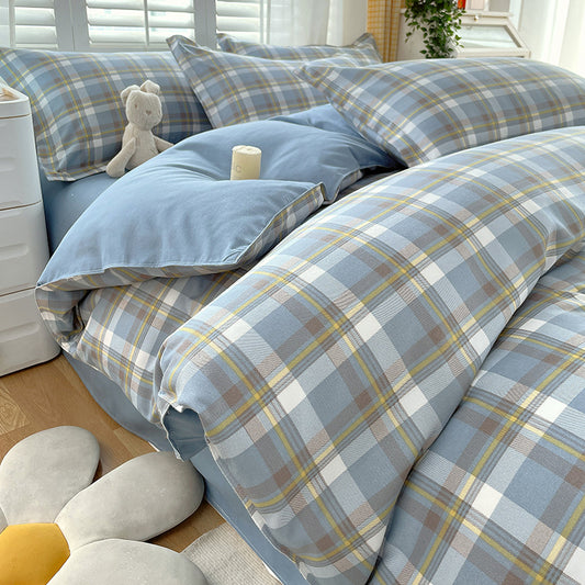 Minimalist Pure Water-Washed Cotton Bedding Set Flannel Grid Good Quality Fitted Sheet Version Student Dormitory Three-Piece Set