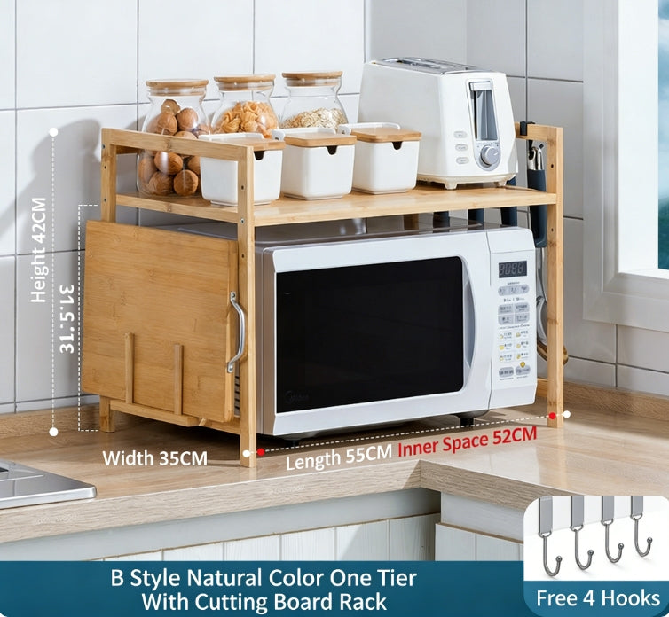 Kitchen Storage Rack Double-Layer Countertop Microwave Oven Shelf Desktop Seasoning Oven Organizer Bamboo Solid Wood