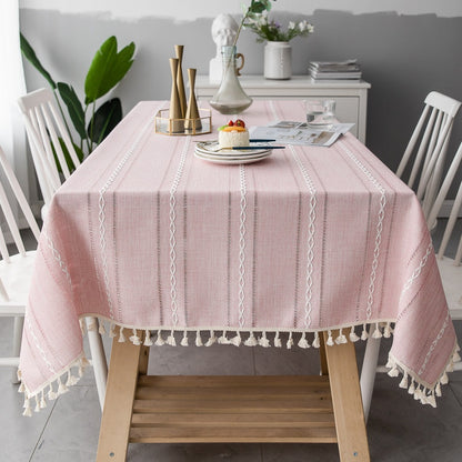 Nordic Christmas Table Cloth Hollow Tassel Table Cloth Solid Color Long Stripe Jacquard Table Cloth Tea Table Mat Cotton Linen