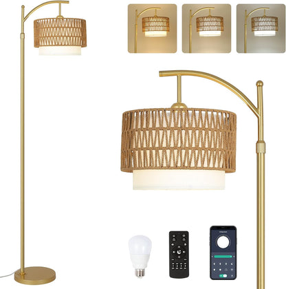 Gold Arc Floor Lamp with Rattan Shade