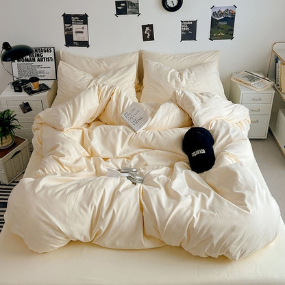 Washed Cotton Solid Color Double Spliced Four-Piece Bedding Set - Sheet, Quilt Cover, Pillowcases for Employee and Dormitory Use