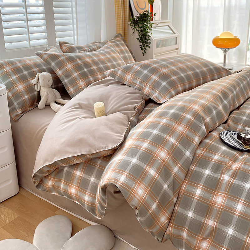 Minimalist Pure Water-Washed Cotton Bedding Set Flannel Grid Good Quality Fitted Sheet Version Student Dormitory Three-Piece Set