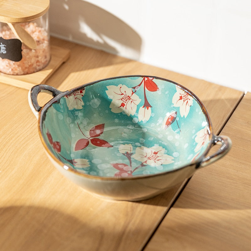 7.5inch Japanese Household Noodle Bowl Ceramic Soup Bowl With Handle Salad Pasta Bowl Kitchen Tableware Microwave Oven Bakware