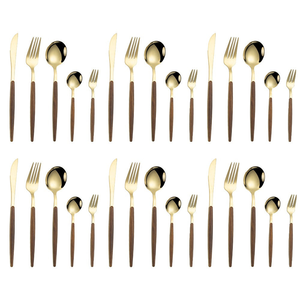 Stainless Steel Imitation Wooden Handle Knife, Fork, Spoon, Clamp Handle, Spoon, Portuguese Vintage Wood Grain Tableware Set