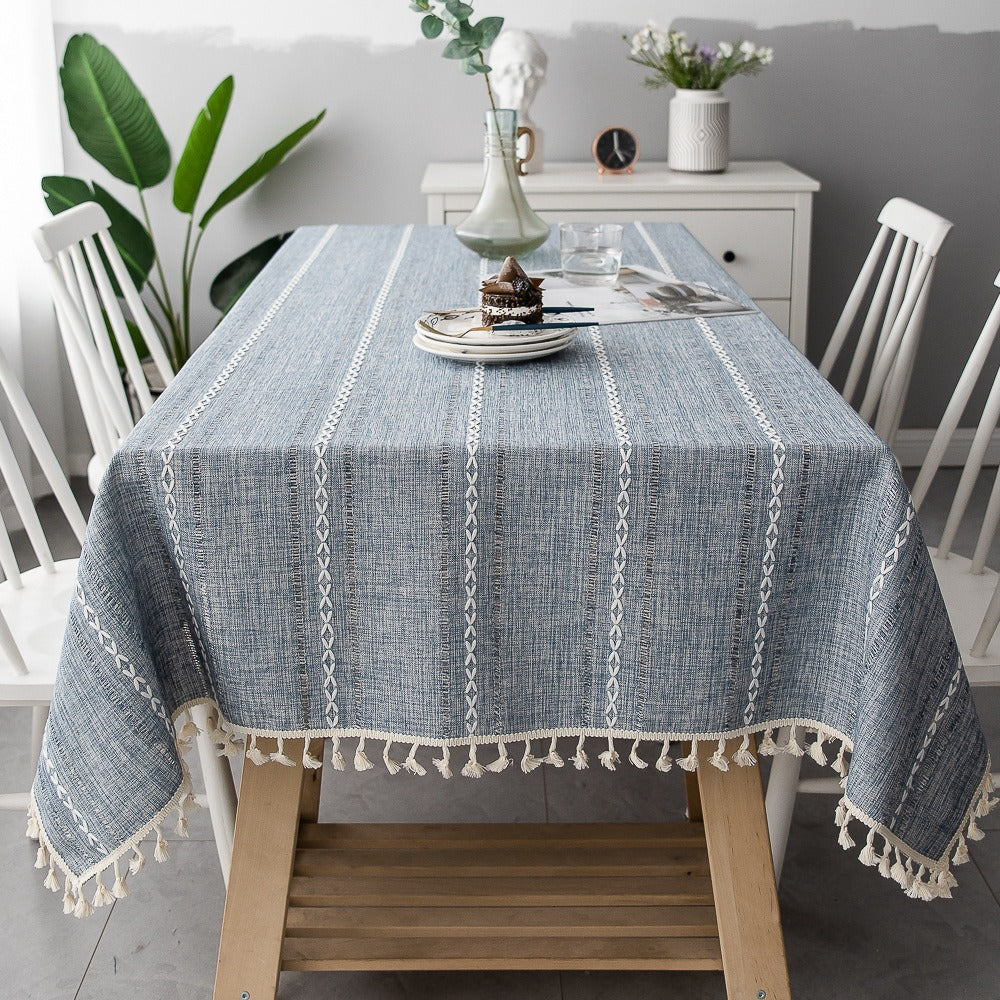 Nordic Christmas Table Cloth Hollow Tassel Table Cloth Solid Color Long Stripe Jacquard Table Cloth Tea Table Mat Cotton Linen
