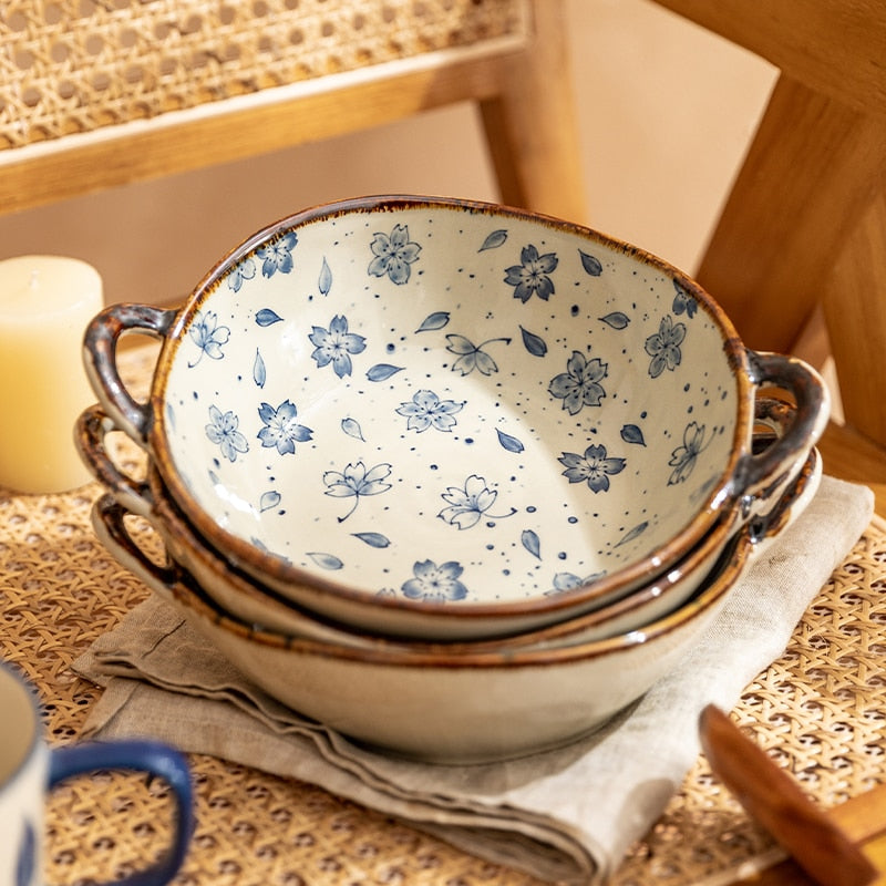 7.5inch Japanese Household Noodle Bowl Ceramic Soup Bowl With Handle Salad Pasta Bowl Kitchen Tableware Microwave Oven Bakware