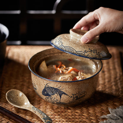 6.5 inch instant noodles bowl with cover bento box student underglaze color ceramic suit Lamian Noodles bowl canteen tableware