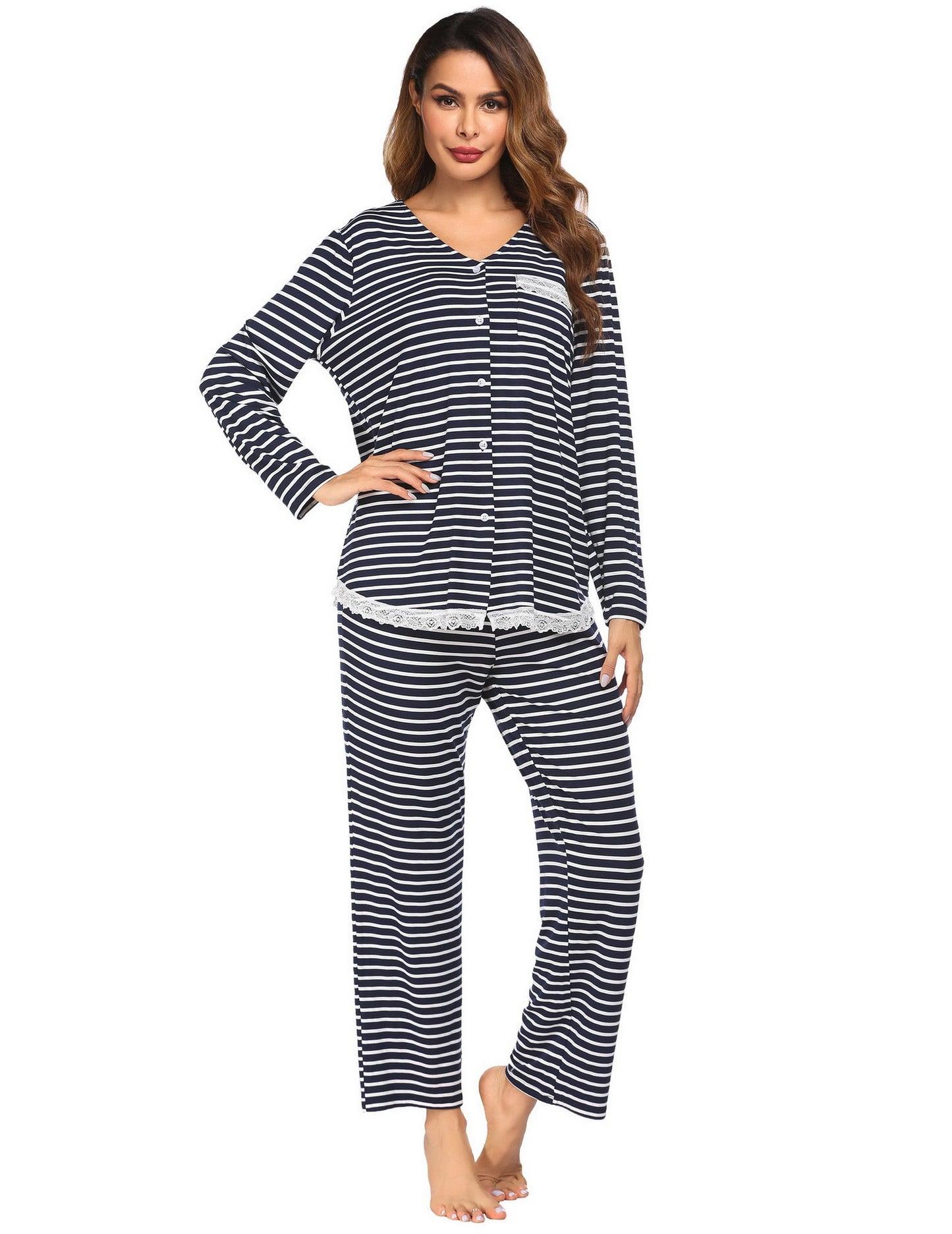 Women's Set Long Sleeve Long Pants Home Sleepwear Lace Splicing Homewear Pajama Set