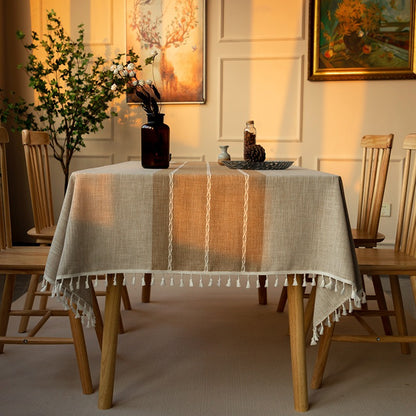 Nordic Christmas Table Cloth Hollow Tassel Table Cloth Solid Color Long Stripe Jacquard Table Cloth Tea Table Mat Cotton Linen
