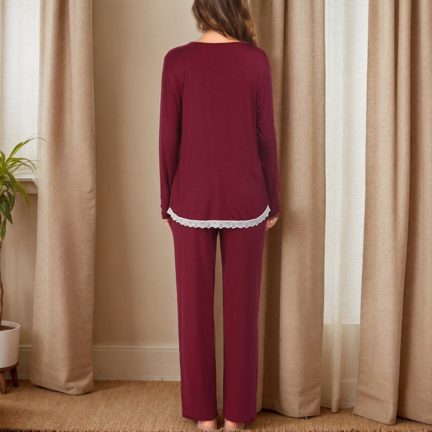Women's Set Long Sleeve Long Pants Home Sleepwear Lace Splicing Homewear Pajama Set