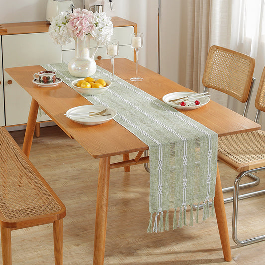 Hand - woven cotton and linen table flag with hollow tassels, suitable for household and rural dining tables