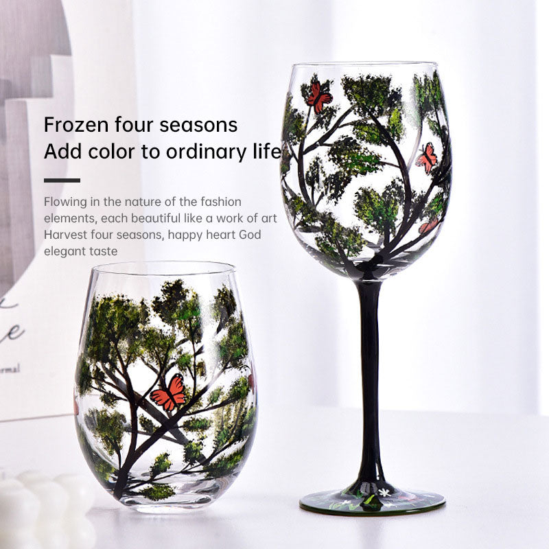 Light luxury ins crystal glass wine glass hand-painted household goblet four seasons painted wine glass