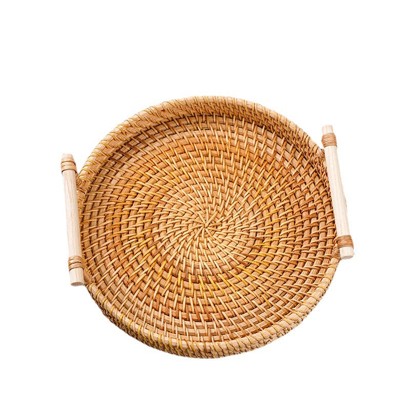 Vietnamese rattan tray rattan storage basket double ear bread fruit snack picnic tray desktop decoration