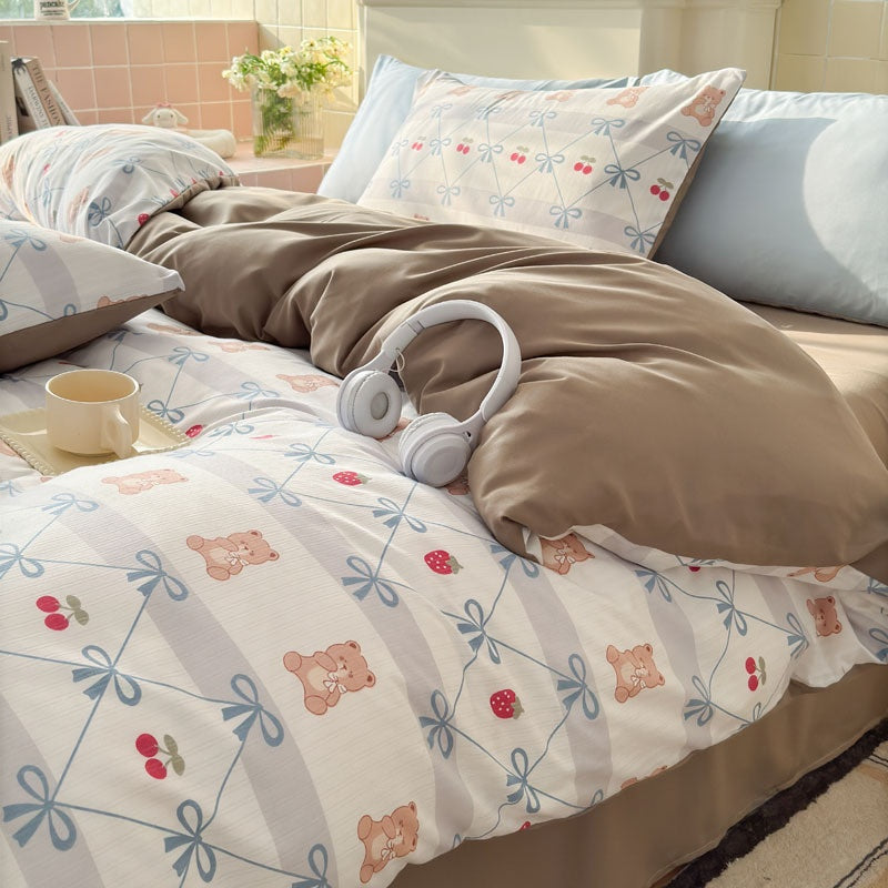 Double Gauze Four-Piece Set Jacquard Small Bamboo Cotton Three-Piece Set Student Dormitory INS Fresh Floral Bedding