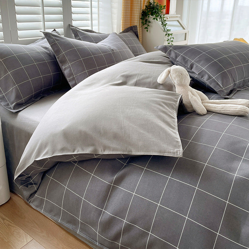 Minimalist Pure Water-Washed Cotton Bedding Set Flannel Grid Good Quality Fitted Sheet Version Student Dormitory Three-Piece Set