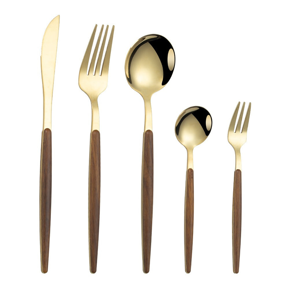 Stainless Steel Imitation Wooden Handle Knife, Fork, Spoon, Clamp Handle, Spoon, Portuguese Vintage Wood Grain Tableware Set