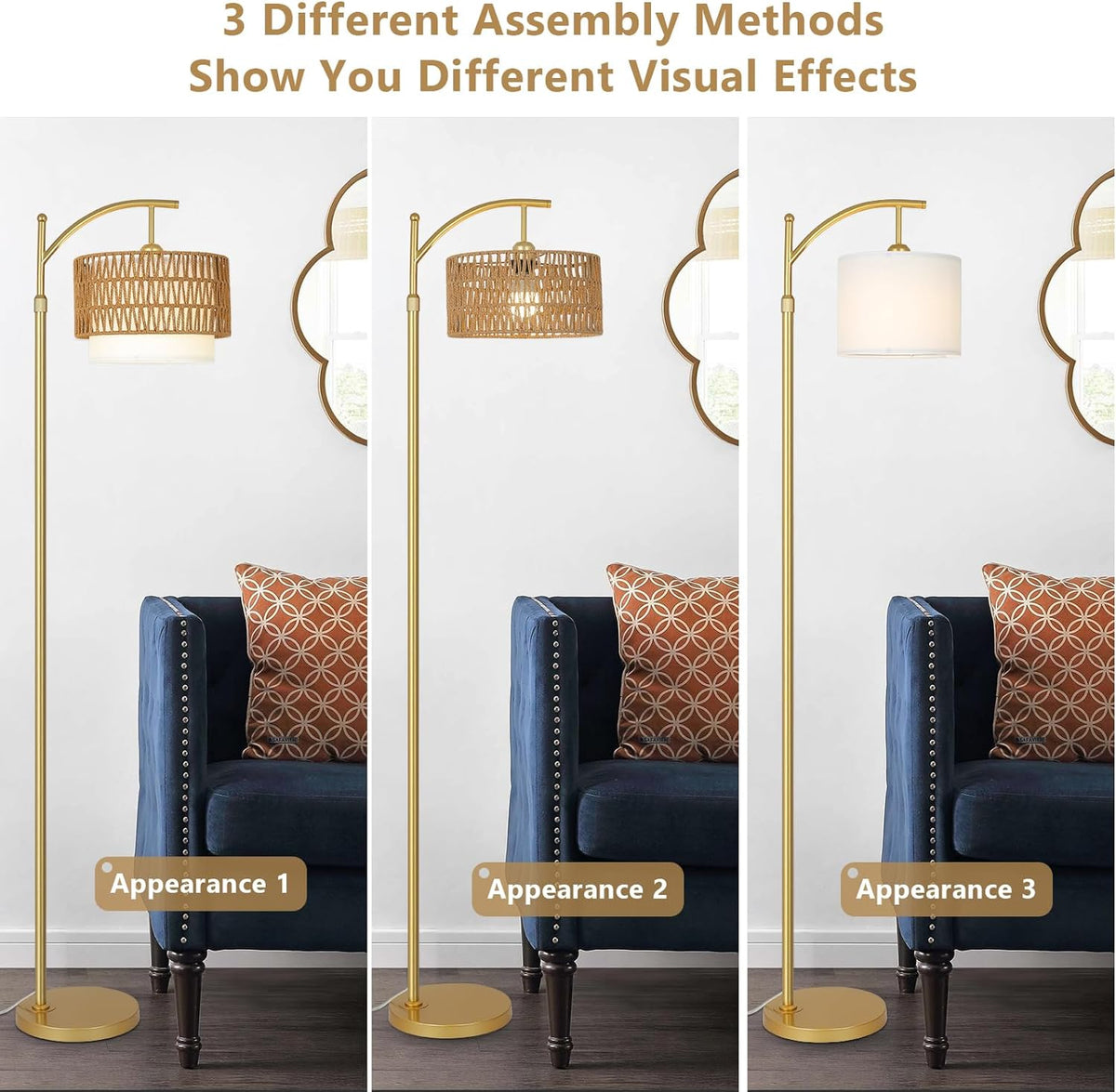 Gold Arc Floor Lamp with Rattan Shade