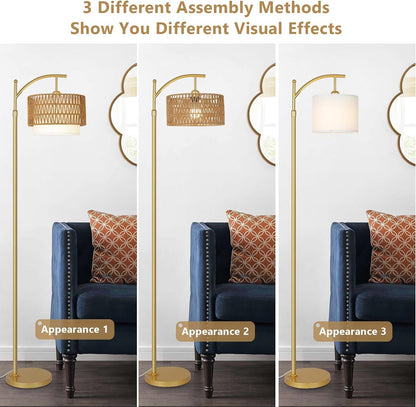 Gold Arc Floor Lamp with Rattan Shade